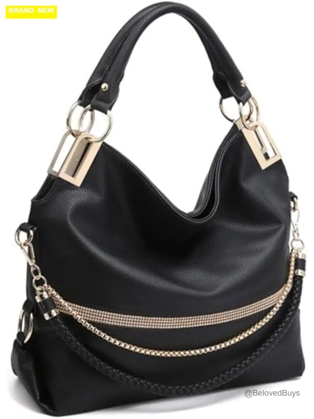 Large Hobo Bag with Rhinestone Accents Vegan Leather Tote Shoulder Handbag